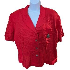 Vintage Chaus Red Short Sleeve Button-Up Blouse With Embroidered Crest Pocket